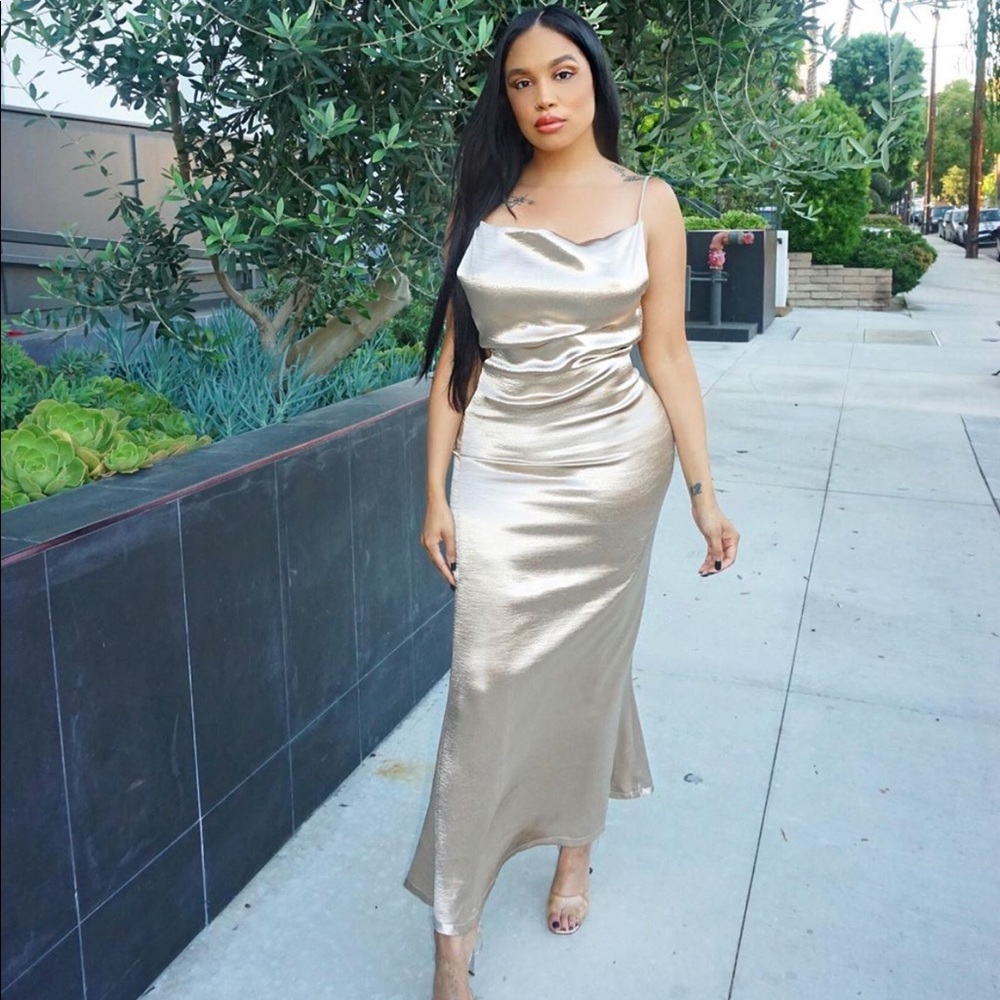 GOLD SATIN TIE BACK DETAIL CAMI MAXI DRESS